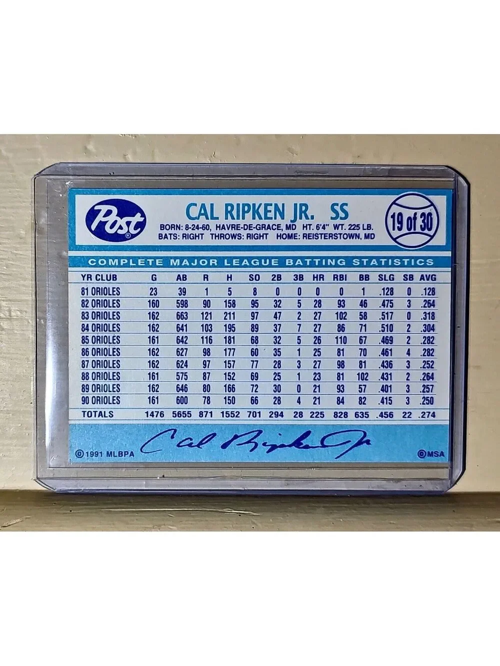 1991 Cal Ripken Jr Post Slugfest #19 MLB Baseball Card Baltimore Orioles